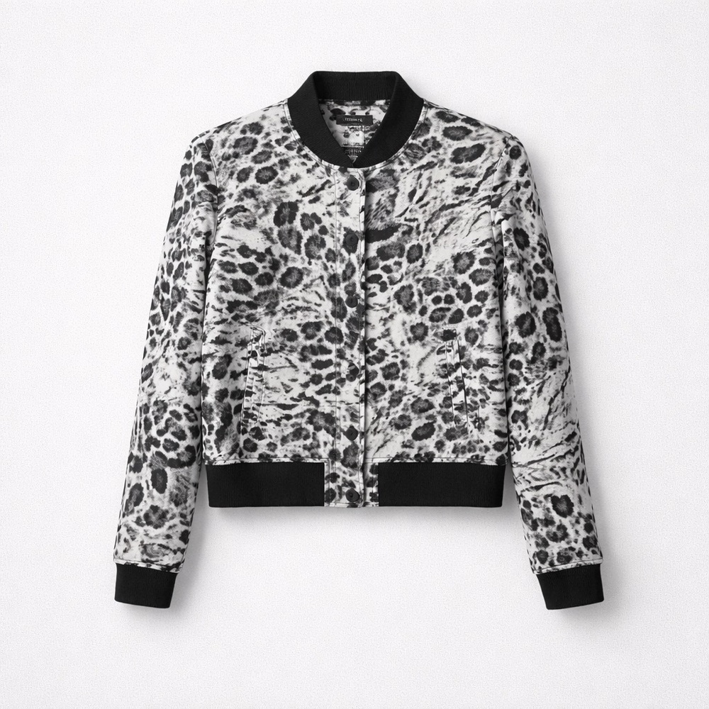 RW&CO Black & White Leopard Print Bomber Jacket Full Zip